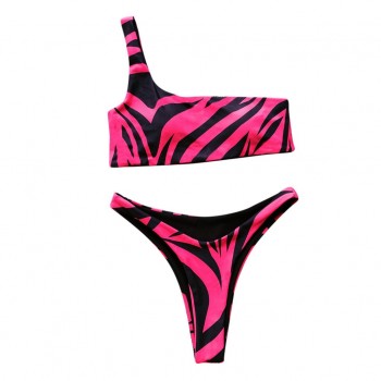 High waist women's swimming suit Women Printed Skew Collar Bikini Push-Up Padded Swimwear Swimsuit Beachwear Set C4